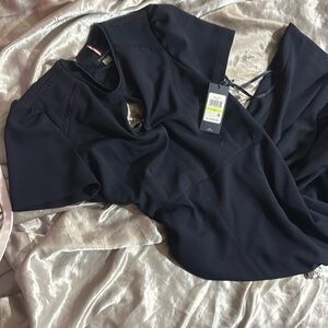 Navy Blue Zip Up Short Cap Sleeve SKATER Dress Open Front Slits AND DECOR